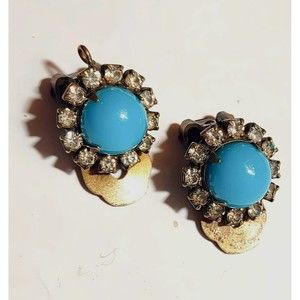 Kenneth Jay Lane KJL Faux Turquoise Cabochon Crystal Earrings AS-IS Parts Repair